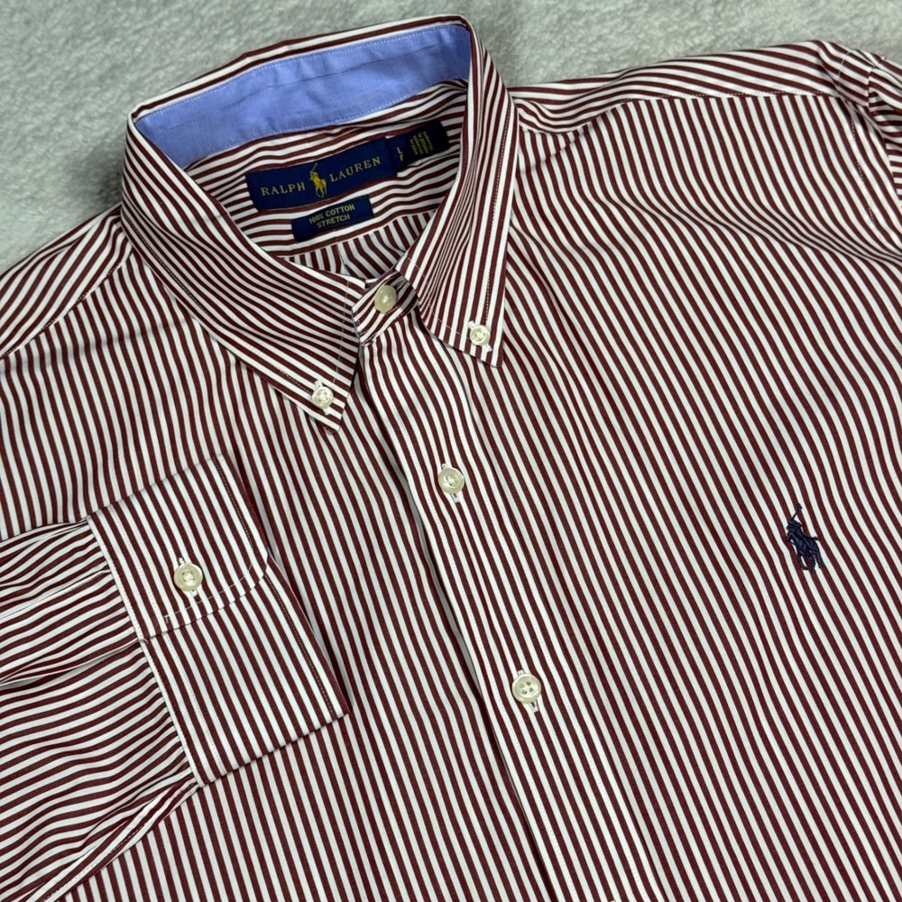 Ralph Lauren Button Down Mens L Burgundy Stripe Long Sleeve Cotton Stretch Shirt